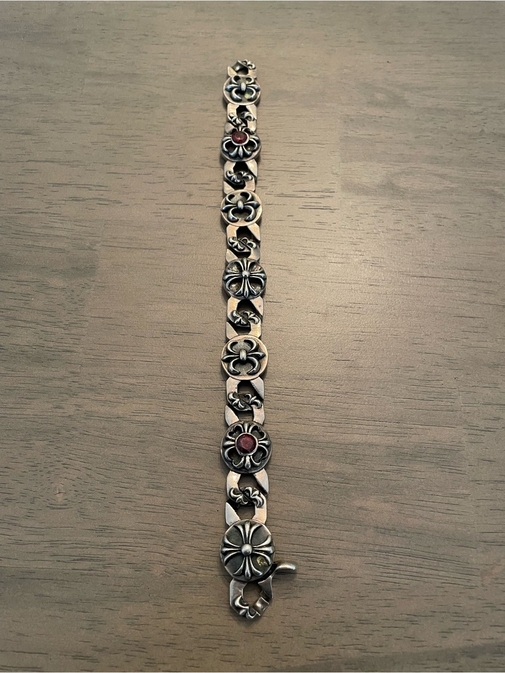 Sterling Silver Biker / Gothic Cross Link Bracelet Red Stones 127 Grams Vintage